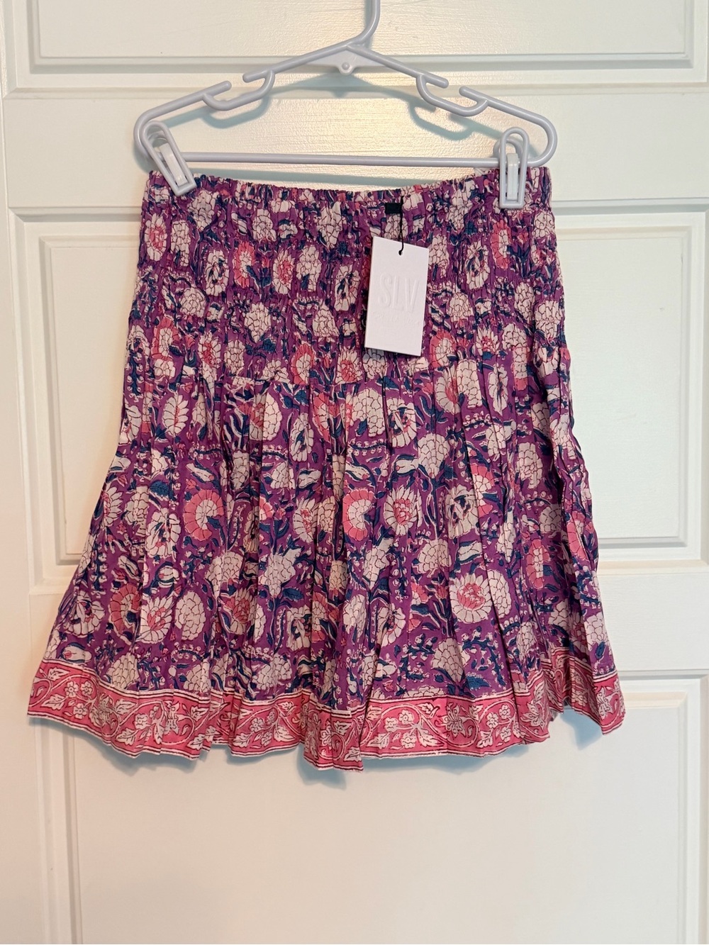 Purple Floral Smocked Mini Skirt with Pink Border